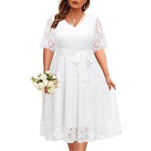 Women Plus Size Floral Lace Midi Dress V Neck Short Sleeve Formal Event
